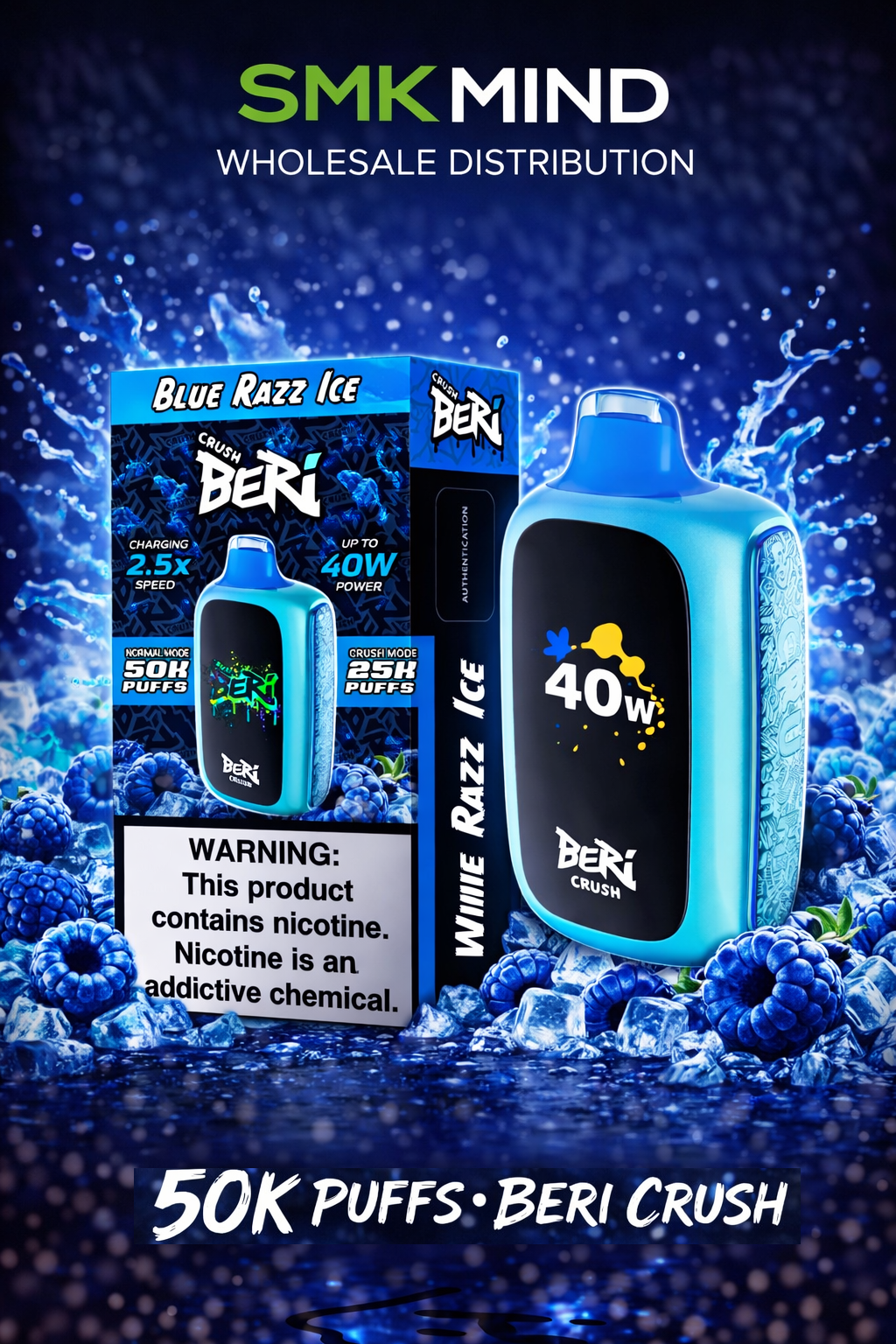 BERI CRUSH 50K Puffs Disposable Vape Blue Razz Ice 5CT/Box